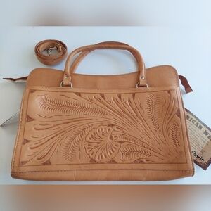 Tan Leather Handbag Tooled Hanbag VINTAGE 2 WAY handles And Shoulder Strap